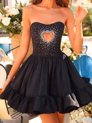 Fashion Rhinestone Hollow Love Sexy Tube Top Package Hip Dress