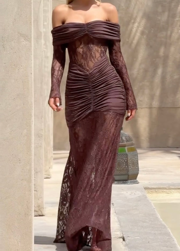 Elegant Low-Cut Jacquard Slightly See-through Hip Fold Dress