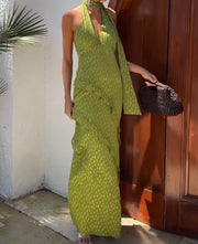 Green Shivering V-neck Halter Ruffled Sheath Dress