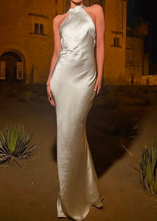 Sexy Solid Color Backless Slit Sleeveless round Neck Tight Temperament Dress