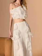 Halter Off-the-Shoulder Midriff Outfit Ruffled Solid Color Dress Suit
