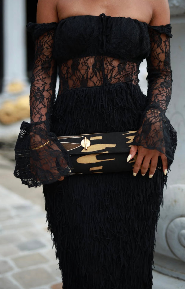 Lace Elegant Light Luxury Black off-the-Shoulder Tassel Dress