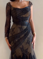 Lace Square Collar Lace Stitching Neckline Long Sleeve Slim Fit Dress