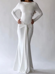 Fashion Sexy Temperament Tight-Fitting Cinched Streamer Long-Sleeve round-Collar Dress