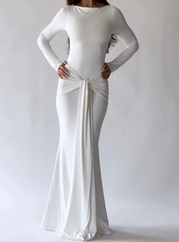 Fashion Sexy Temperament Tight-Fitting Cinched Streamer Long-Sleeve round-Collar Dress