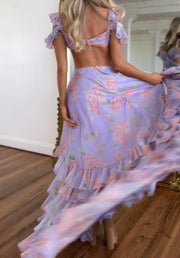 Elegant Cross Tube Top Ruffled Floral Print Slit Dress