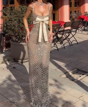 Sexy Sling Exquisite Rhinestone Bow Waist Dress