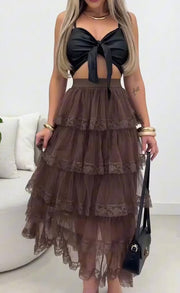 Sexy Bandeau Net Yarn Cake Skirt Two-Piece Set