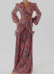 Long Sleeve High Waist Print Banquet Dress