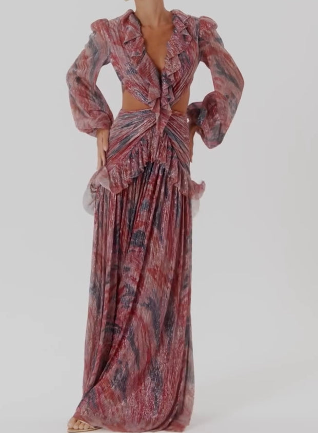Long Sleeve High Waist Print Banquet Dress