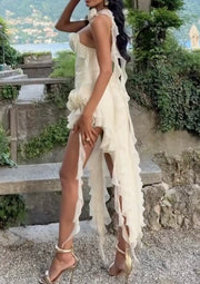 Sexy Spaghetti Straps Chest Wrap Three-Dimensional Flower Ruffled Split Dress