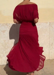 V-neck Pleated Mesh Slim Fit Patchwork Temperament Dress