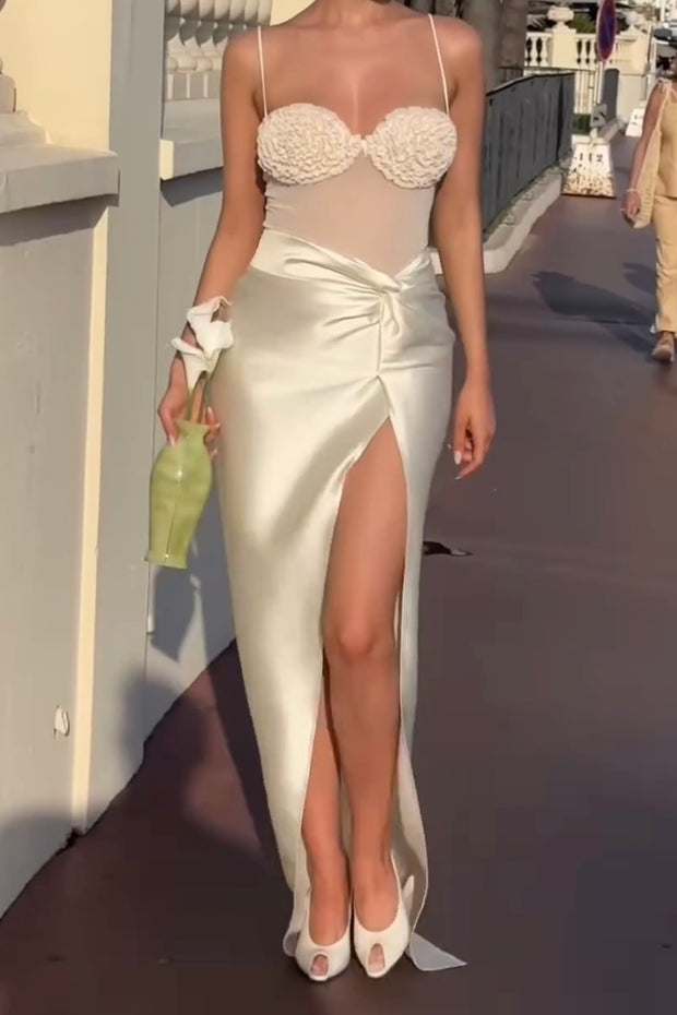 Sexy Spaghetti Straps Chest Wrap Mesh Stitching Dress