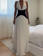 Fashion Sexy V-neck Halter Color Matching Stitching Waist-Tight Dress