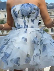 Sexy Tube Top Printed Ruffled Mesh Dress