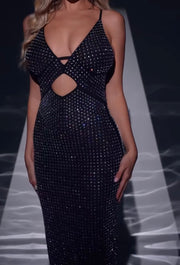 Fashion Hollowed-out V-neck Rhinestone Sleeveless Dress Split Dress