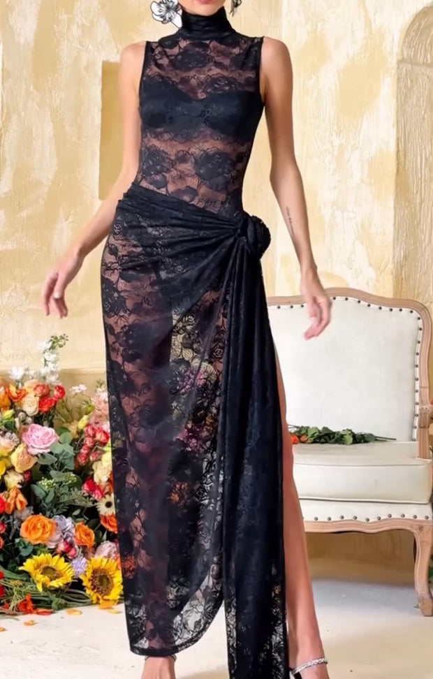 Graceful and Fashionable Sexy Turtleneck Printed Lace Sheath Dress
