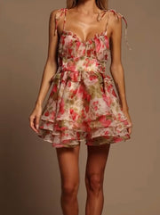 Sexy Spaghetti-Strap Floral Print Pleated Mesh Dress