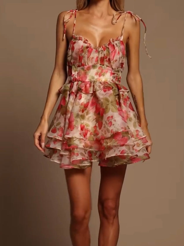 Sexy Spaghetti-Strap Floral Print Pleated Mesh Dress