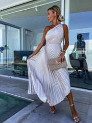 Full Size Single Shoulder Pleated Midi Dress Plus Size