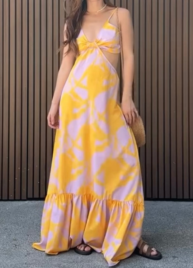 Sexy Spaghetti-Strap Floral Print Hollow Dress