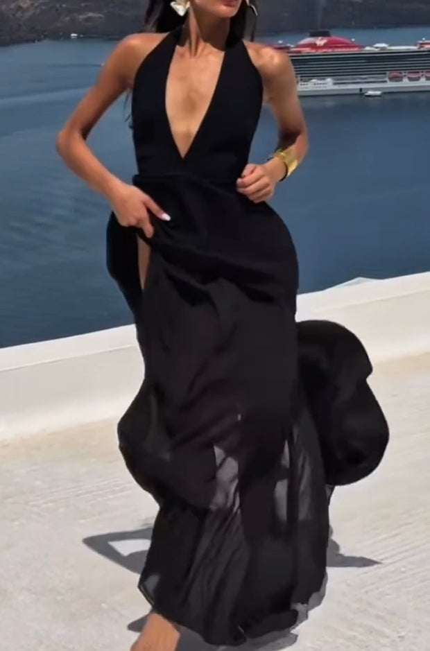 Sexy Cutout Deep V Halter Mesh Side Waist Bundle Dress