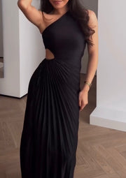 Slim-Fit Slant Shoulder Hollow Pleated Dress