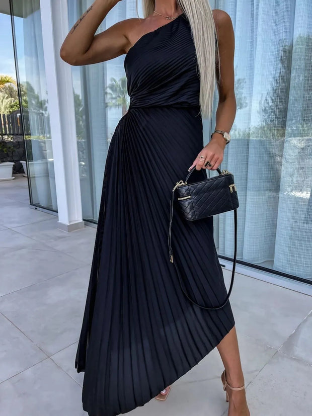 Full Size Single Shoulder Pleated Midi Dress Plus Size