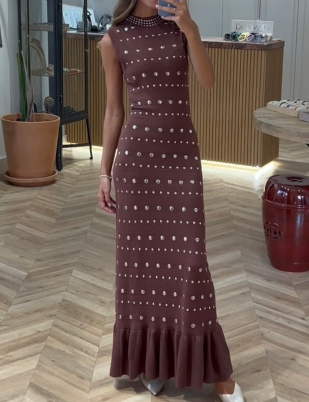 Sleeveless round Neck Rivet Knitted All-Matching Slim Fit Slimming Long Dress