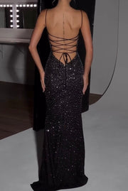 Fashion Rhinestone Backless Spaghetti Straps Slimming Hot Drilling Long Sheath Dress
