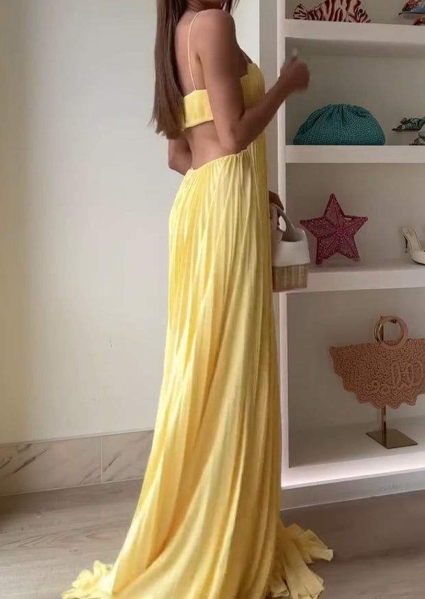 Sexy Elegant Waist Slimming Yellow Gallus Pleated Hollow Dress
