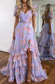 Elegant Cross Tube Top Ruffled Floral Print Slit Dress