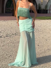 Sexy Camisole Tassel Vest Ruffle Hip Mesh Long Dress Suit