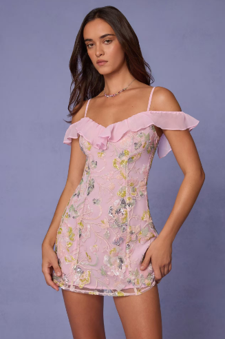 Sexy off-the-Shoulder Printed Sequin Lace-up Hip Bag Dress