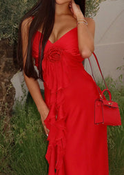 Fashionable Elegant Slim-Fit Flower Ribbon Satin Sling Dress
