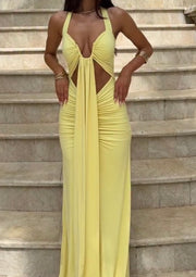 Sexy Backless Halter Deep V Ribbon Split Dress