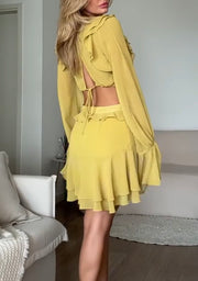 Long Sleeve Ruffled Flared Sleeves Hollow out for See-through Dress