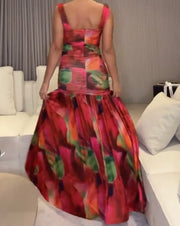 Elegant Spaghetti-Strap Floral Print Fold Split Dress