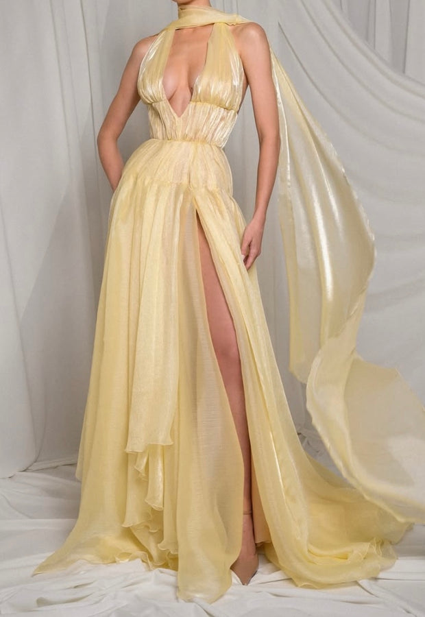 Fashion V-neck Halter Backless Waist Trimming Slimming Chiffon Dress