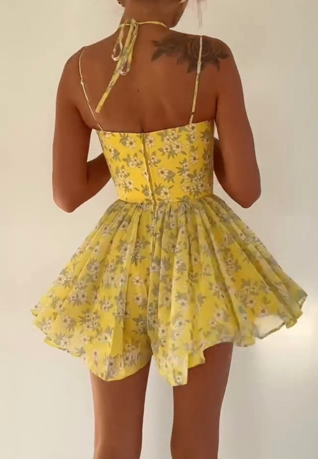 Seaside Vacation Style Waist Slimming Floral V-neck Strap Dress