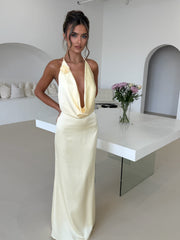 ‘PENELOPE’ Satin Maxi Dress With Flower Detailing - Lemon