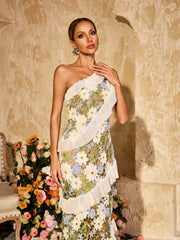 Aliona One Shoulder Flower Embroidered Maxi Dress