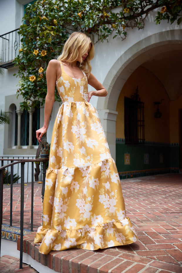 The Avery Dress in Gold Baroque Floral