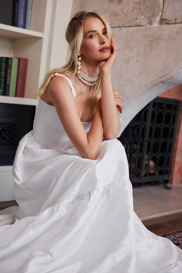 The Avery Dress in White Windsor Brocade