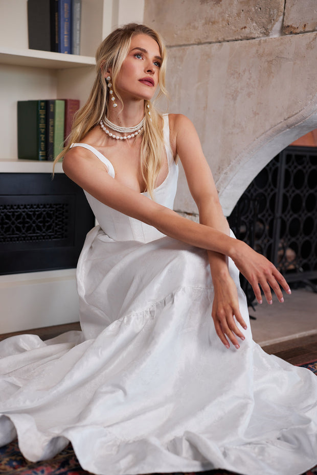 The Avery Dress in White Windsor Brocade