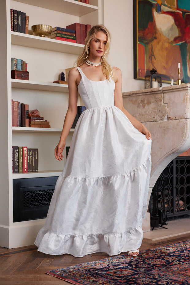 The Avery Dress in White Windsor Brocade