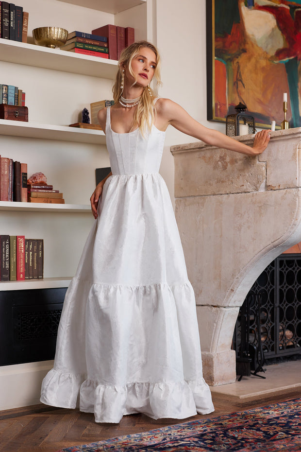 The Avery Dress in White Windsor Brocade