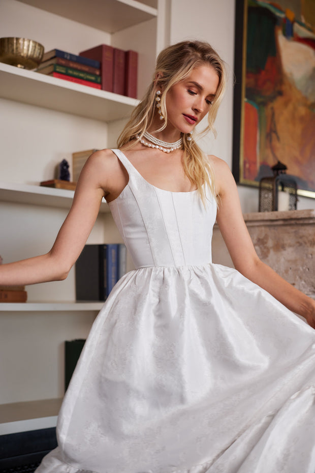 The Avery Dress in White Windsor Brocade