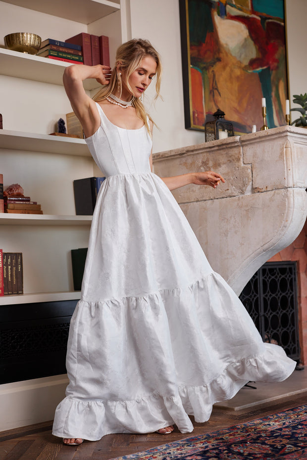The Avery Dress in White Windsor Brocade