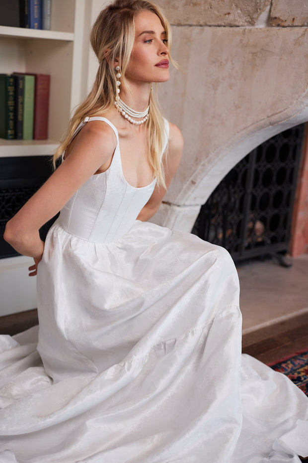 The Avery Dress in White Windsor Brocade